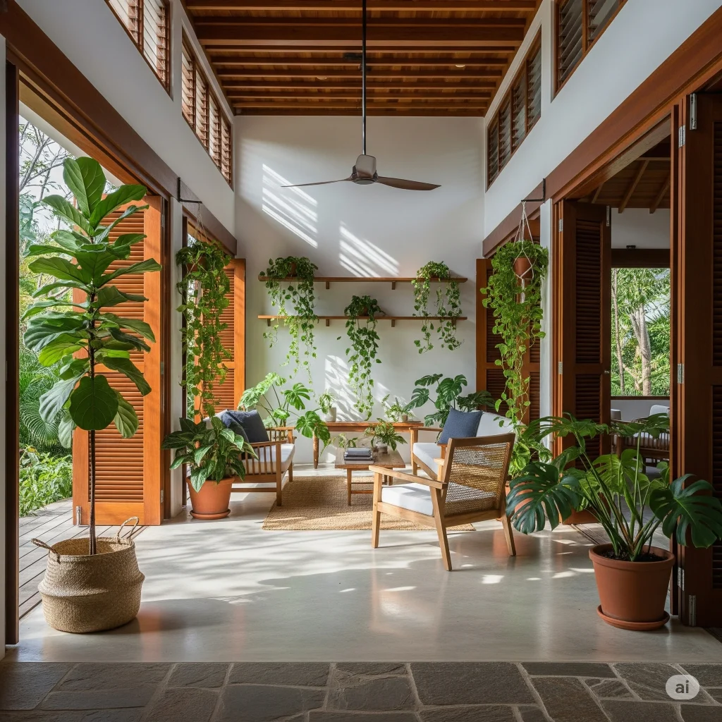 Interior rumah tropis dengan ventilasi silang dan jendela besar