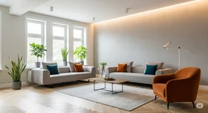 Ruang tamu modern dengan warna netral, aksen bold, lantai kayu, dinding tekstur, dan pencahayaan alami