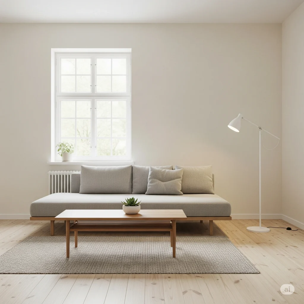 Ruang tamu minimalis dengan warna cat putih terang untuk menciptakan kesan luas