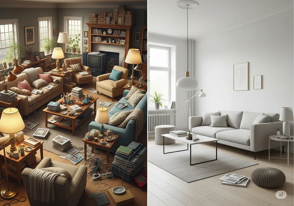 Perbandingan ruang tamu berantakan dan ruang tamu minimalis rapi