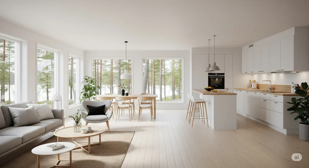 Interior rumah Skandinavian open space dengan ruang keluarga, makan, dan dapur menyatu