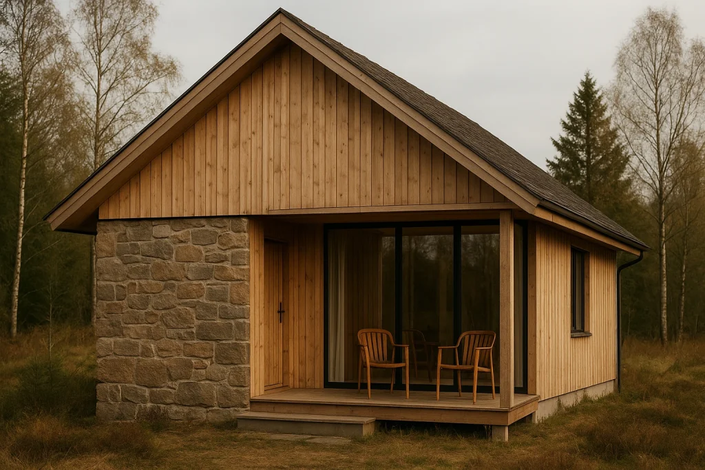 Fasad rumah Skandinavian rustic dengan kayu alami dan batu alam