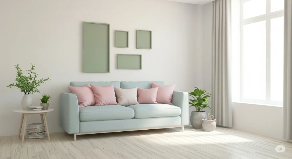 Interior rumah Skandinavian dengan aksen warna pastel pada sofa dan dekorasi