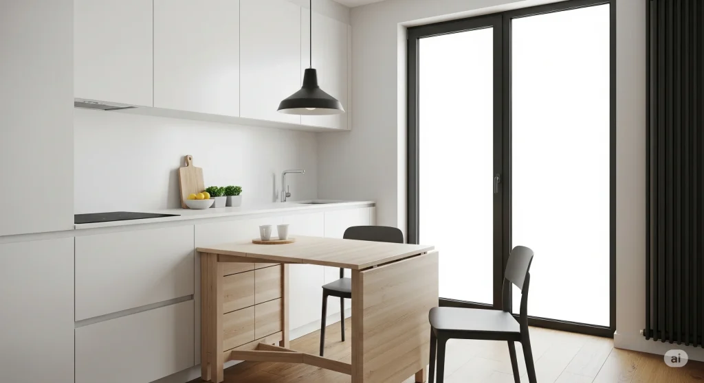 Dapur rumah type 45 dengan meja makan lipat kayu