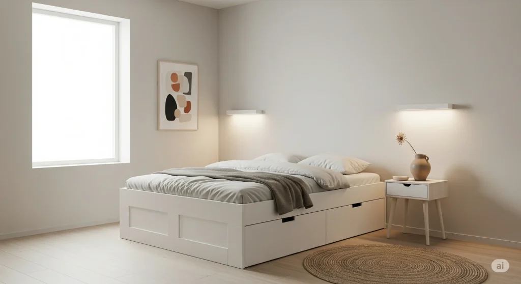 Kamar tidur rumah type 45 dengan kasur storage multifungsi