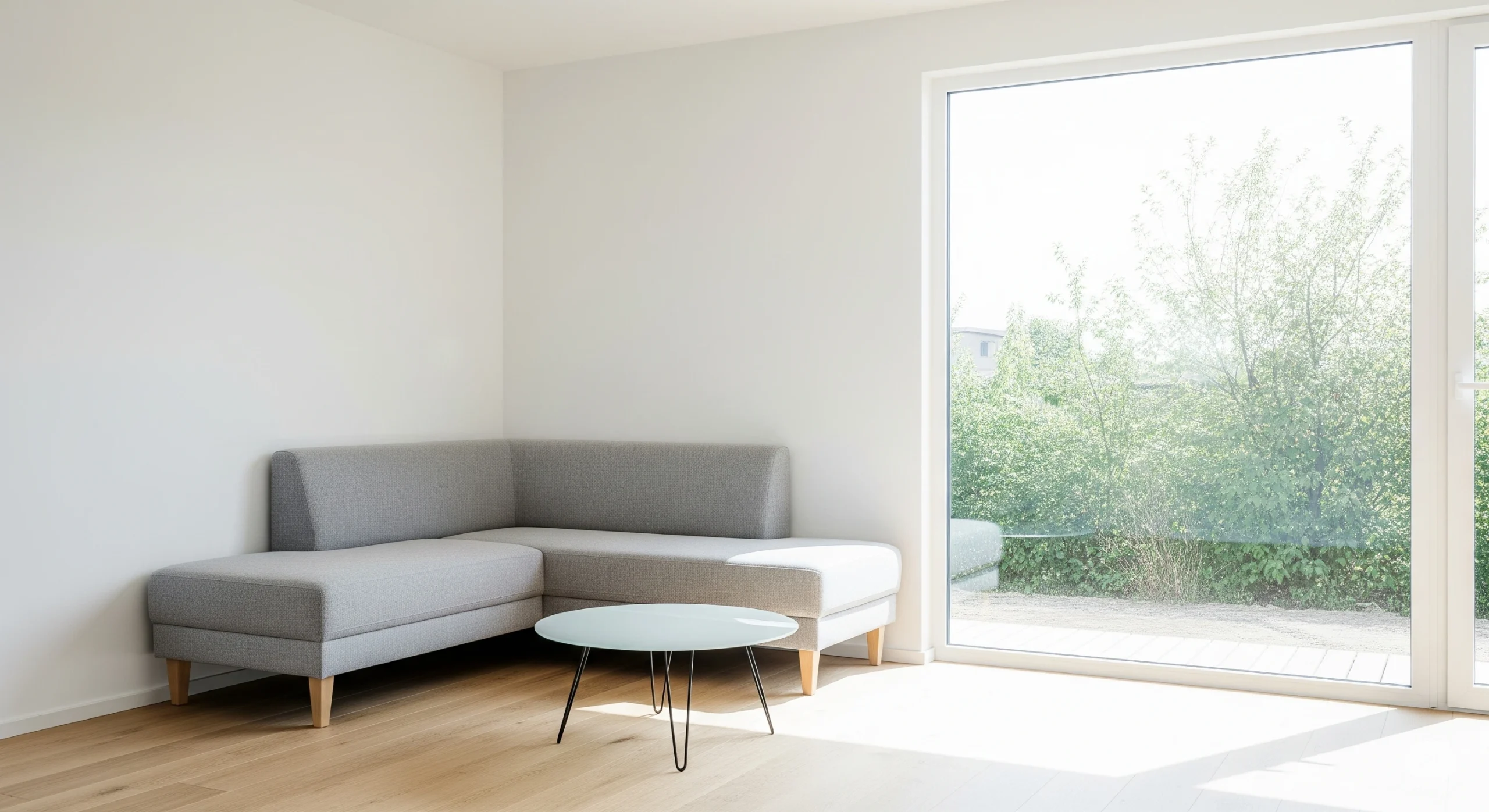 Ruang tamu rumah type 45 dengan sofa L-shape mini warna abu-abu