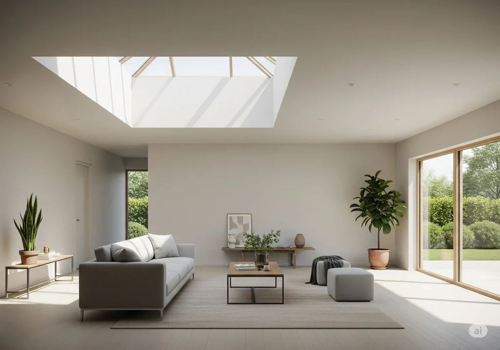 Rumah type 45 minimalis dengan skylight untuk pencahayaan alami.