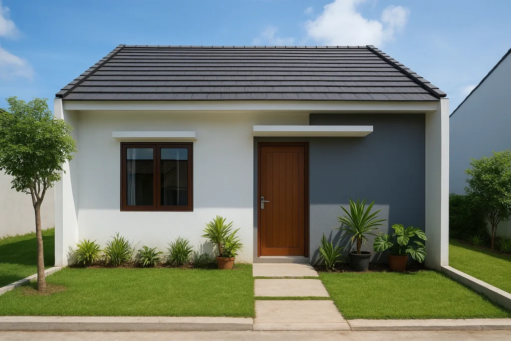 Rumah type 45 minimalis dengan taman depan kecil yang asri.