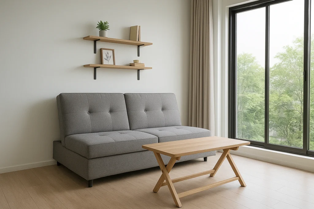 Interior rumah type 45 minimalis dengan furnitur multifungsi.