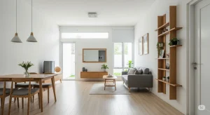 Ruang keluarga rumah type 45 minimalis modern dengan pencahayaan alami