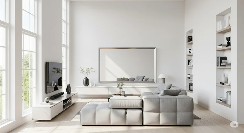 Interior rumah type 45 dengan warna cerah, pencahayaan alami, dan furnitur minimalis