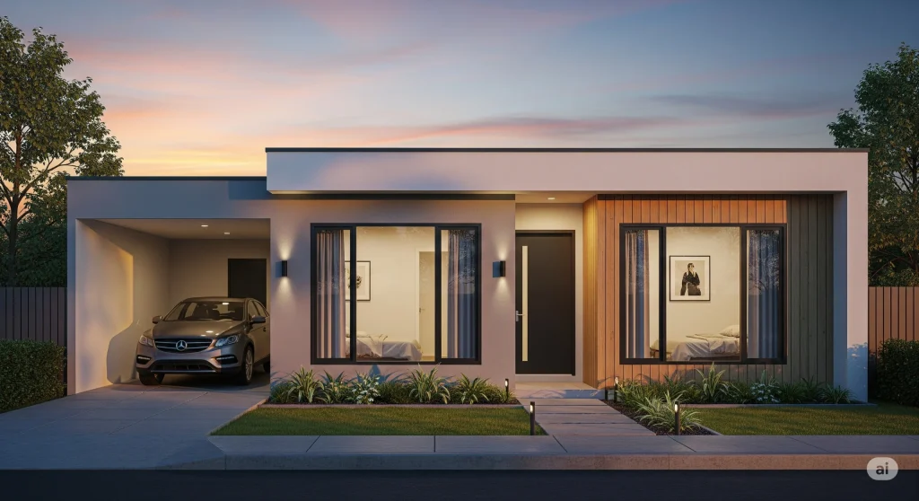 Rumah type 45 sederhana dengan halaman depan kecil, cocok untuk investasi