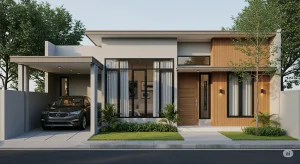 Rumah type 45 minimalis modern dengan halaman depan kecil.