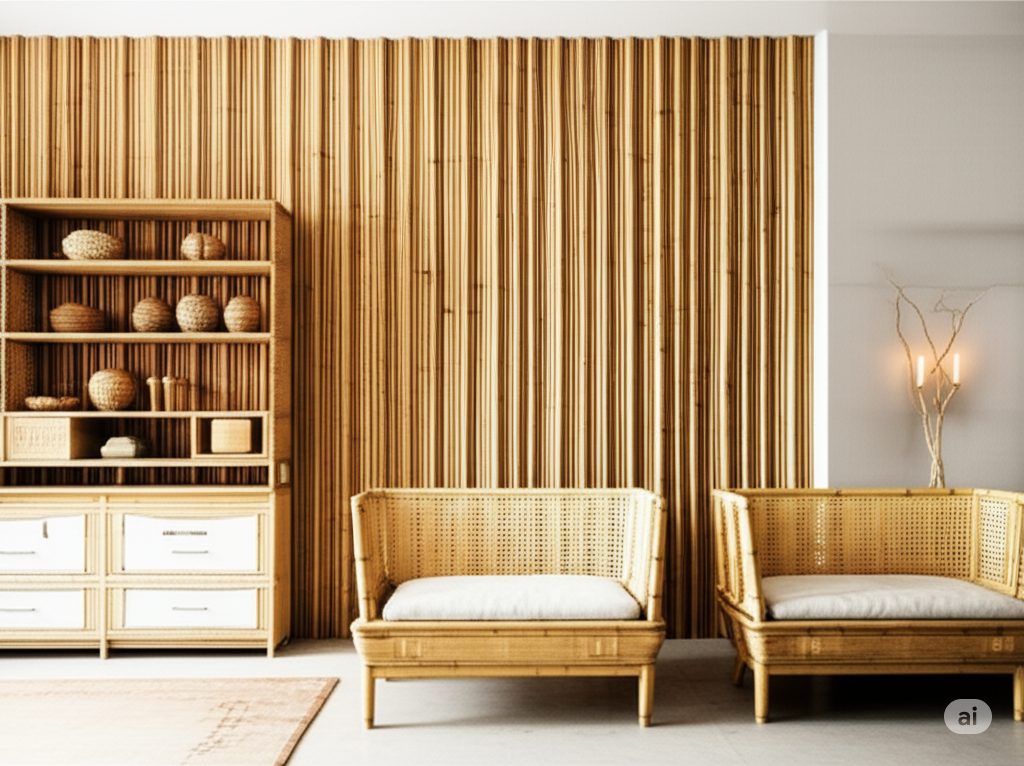 ruang tamu dengan mengunakan interior bambu