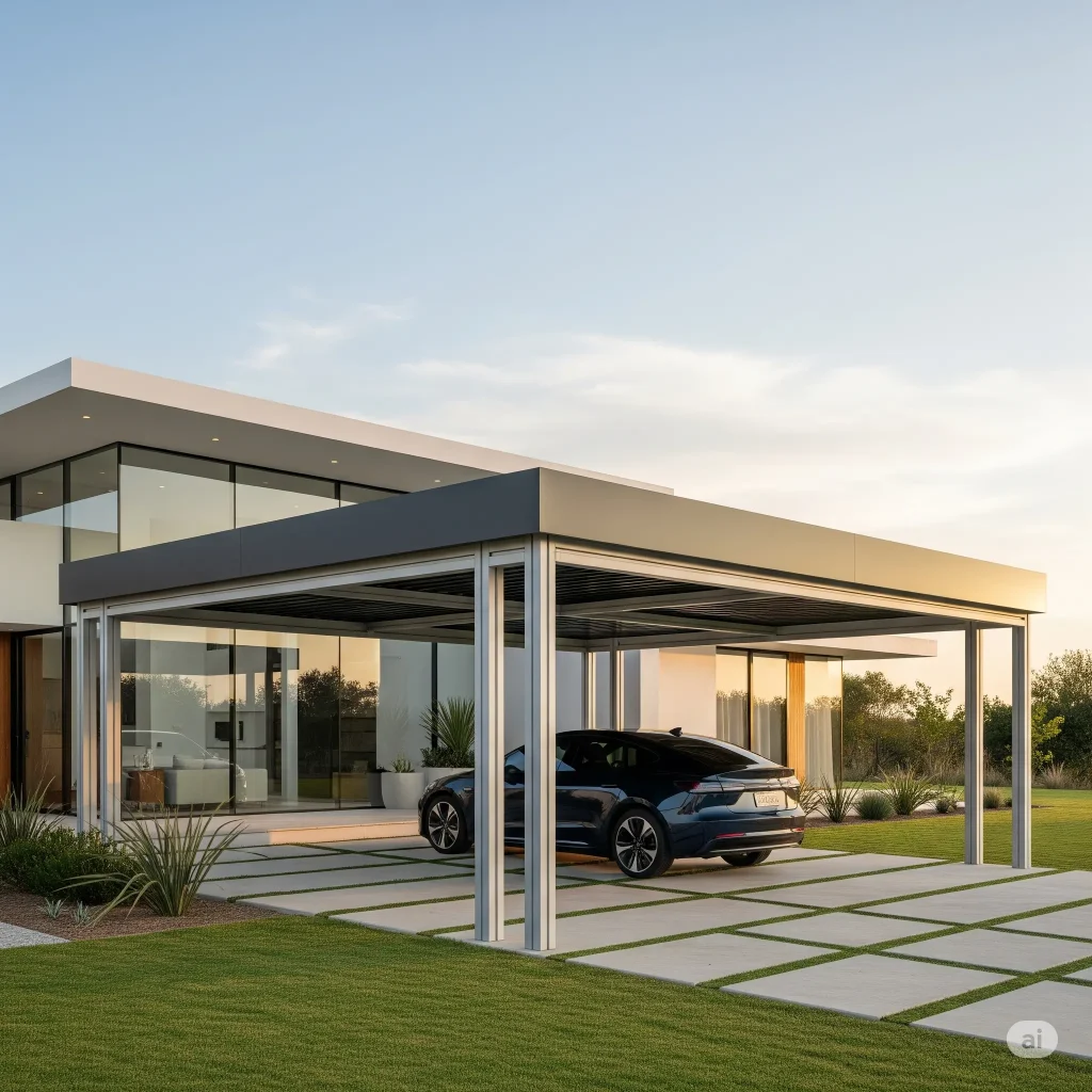 Carport dengan Atap Alderon Warna Solid dan Rangka Geometris