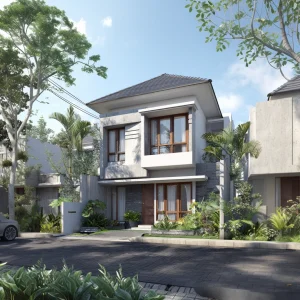 Rumah minimalis modern dua lantai bergaya industrial dengan jendela besar dan balkon terbuka.