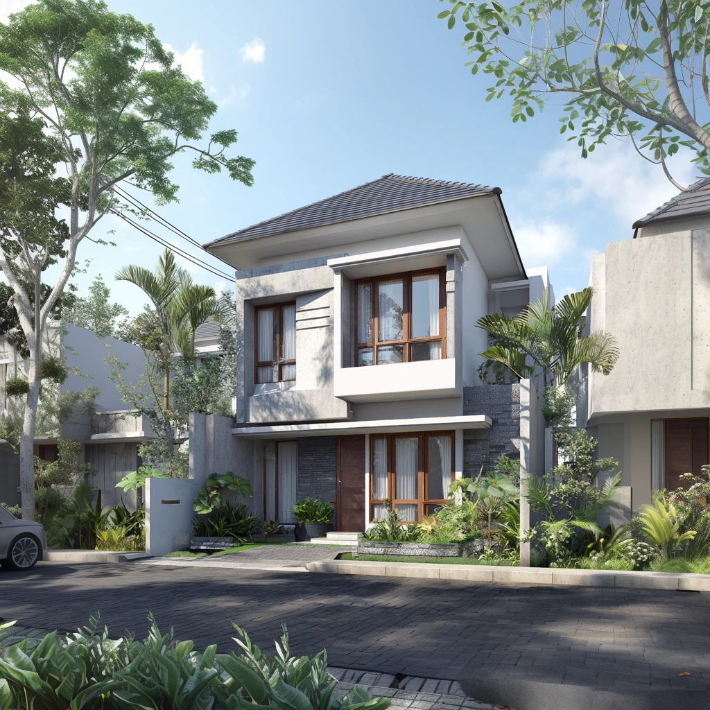 Rumah Minimalis Industrial Dua Lantai dengan Balkon Rumah minimalis modern dua lantai bergaya industrial dengan jendela besar dan balkon terbuka.