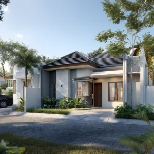 Rumah minimalis modern satu lantai dengan atap pelana dan detail fasad industrial.
