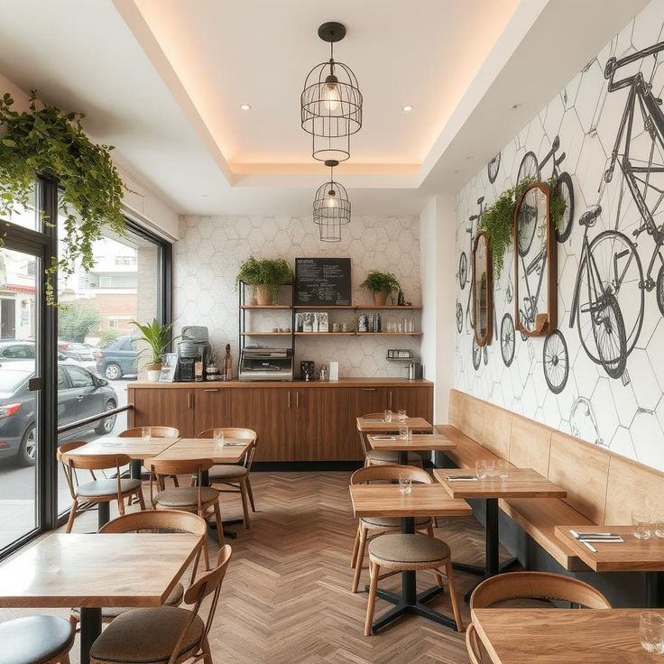 Desain interior cafe minimalis modern dengan furnitur kayu dan pencahayaan alami.