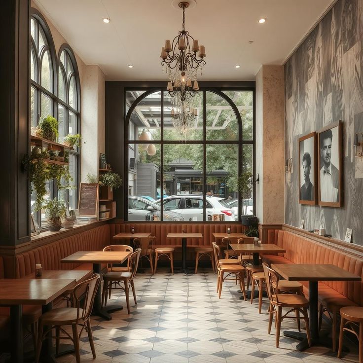 Interior cafe vintage dengan dekorasi retro dan furnitur bergaya klasik.