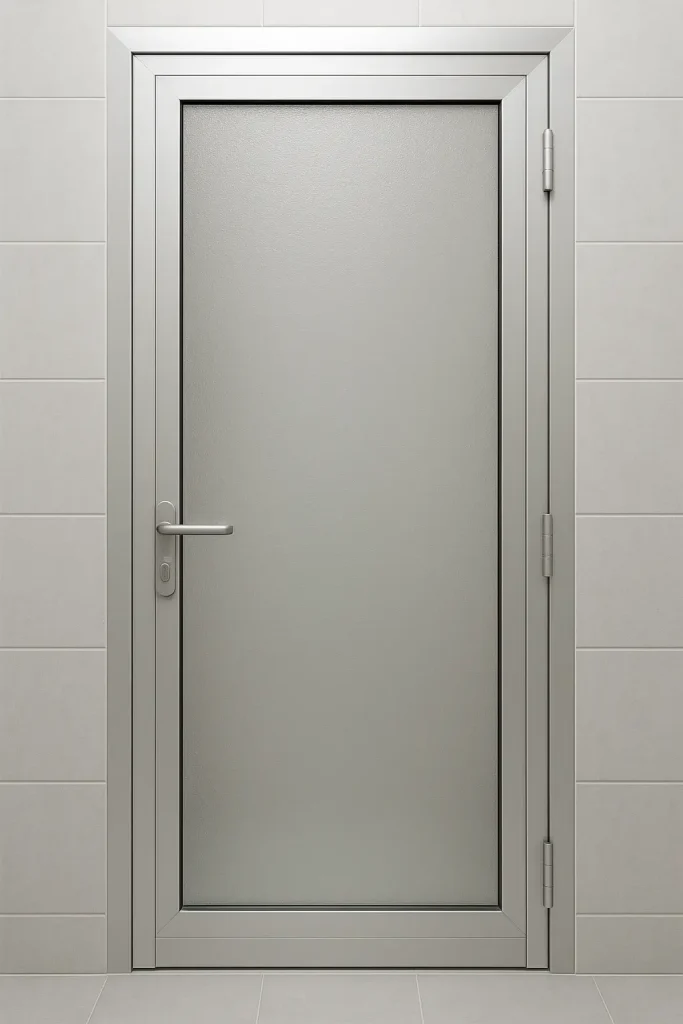 Pintu kamar mandi aluminium dengan panel kaca buram dan bingkai hitam bergaya modern minimalis.