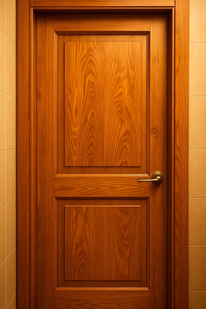 Pintu kamar mandi kayu solid dengan finishing natural dan nuansa hangat.