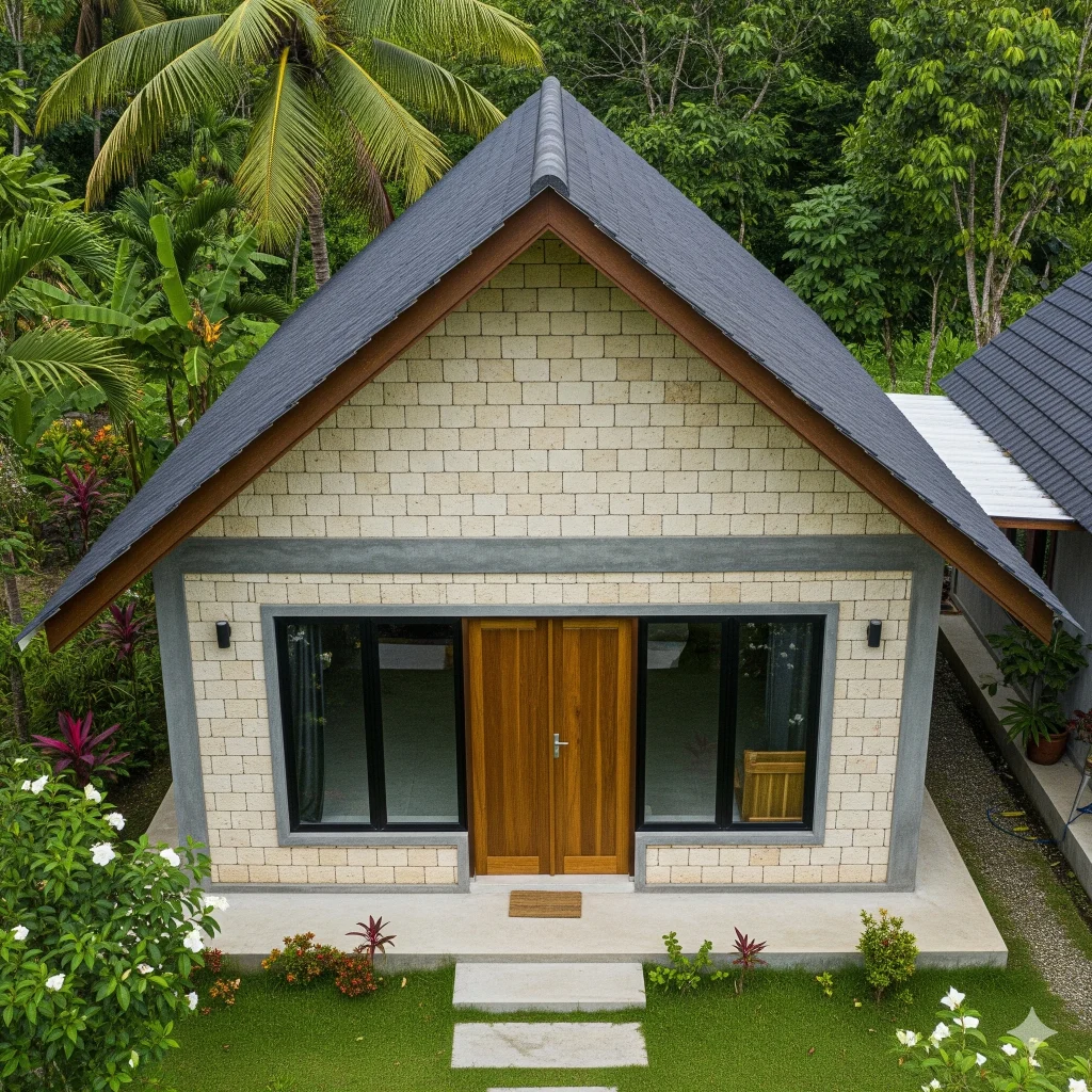 fasad rumah dengan dinding menggunakan bata interlock