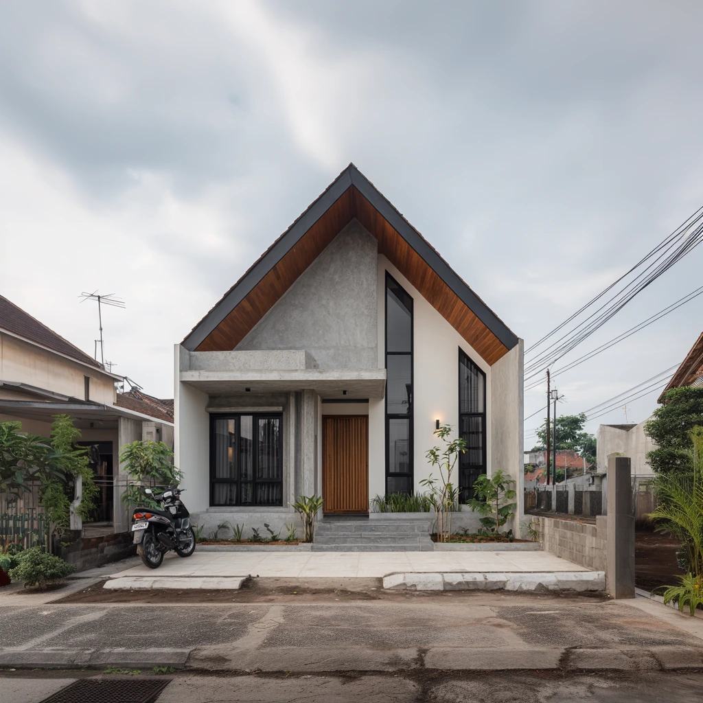 Inspirasi Rumah Minimalis Modern Atap Pelana Beton Ekspos Rumah minimalis modern dengan atap pelana, fasad beton ekspos, dan pintu kayu.