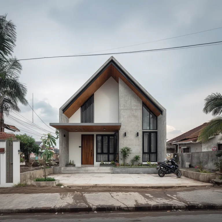 Rumah minimalis modern dengan atap pelana, jendela besar, dan sentuhan kayu pada fasad.