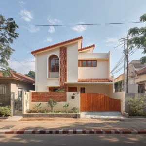 Rumah minimalis modern dua lantai dengan fasad bata ekspos vertikal, gerbang kayu melengkung, dan atap miring.