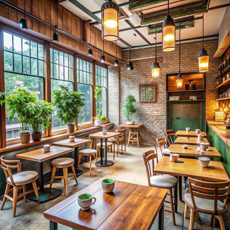 Cafe industrial kekinian dengan dinding bata ekspos dan pencahayaan kuning hangat.