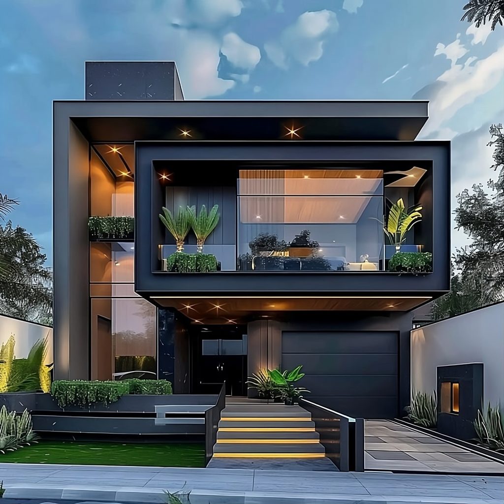 Rumah minimalis dua lantai berbentuk kubik dengan fasad bersih dan tampilan modern
