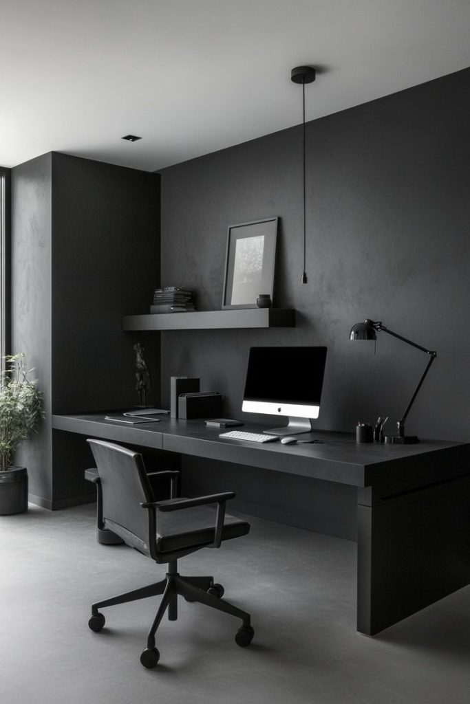 Home office dengan dominasi hitam dan putih, meja rapi dan kursi ergonomis.