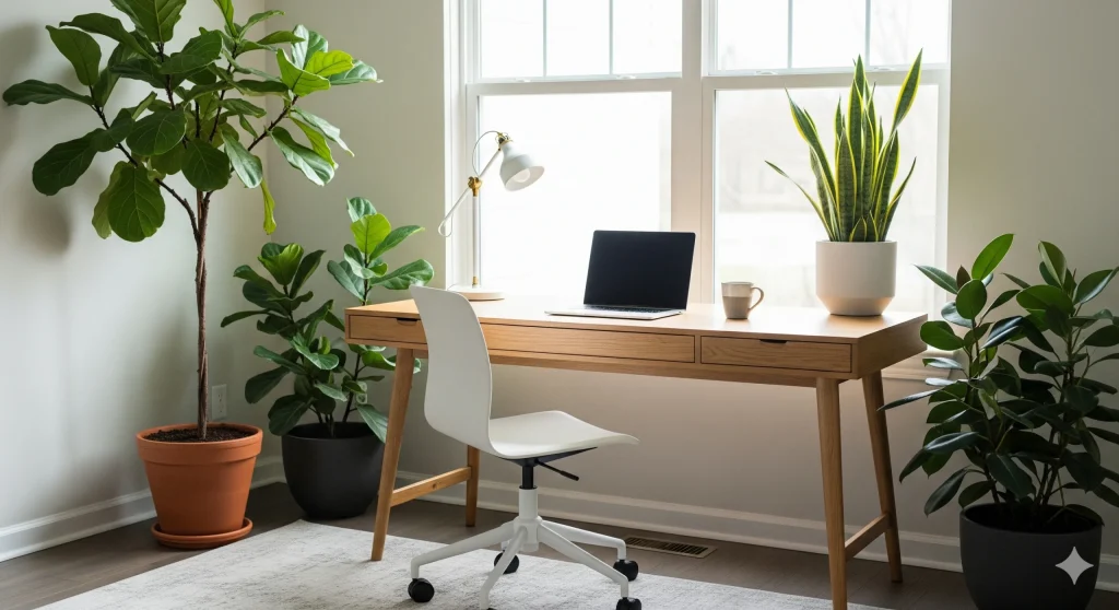 Ruang kerja minimalis dengan tanaman hias dan furnitur kayu.