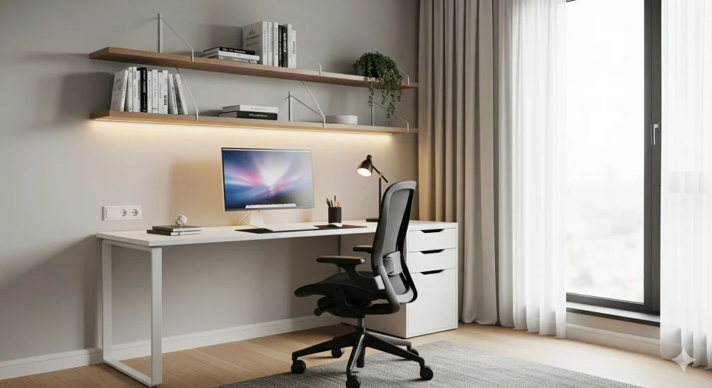 Ruang kerja modern minimalis dengan meja putih dan kursi hitam.