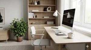 Ruang kerja minimalis di rumah dengan meja kayu, kursi ergonomis, dan pencahayaan alami.
