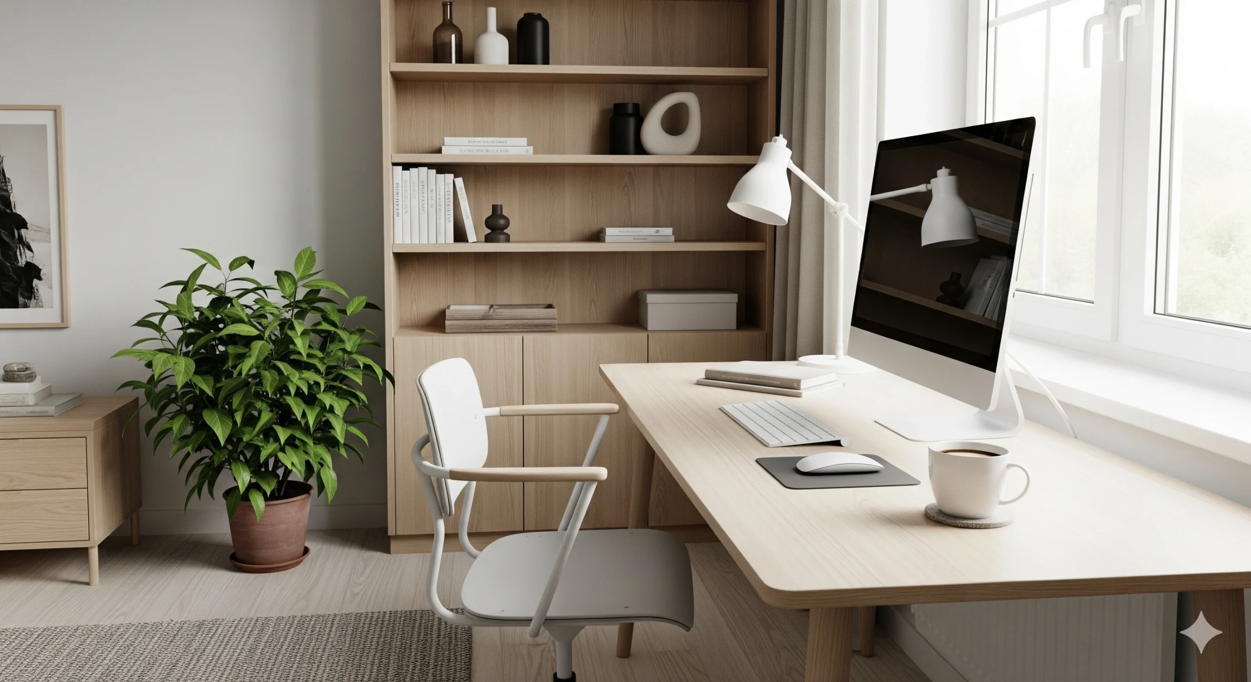 Ruang kerja minimalis di rumah dengan meja kayu, kursi ergonomis, dan pencahayaan alami.