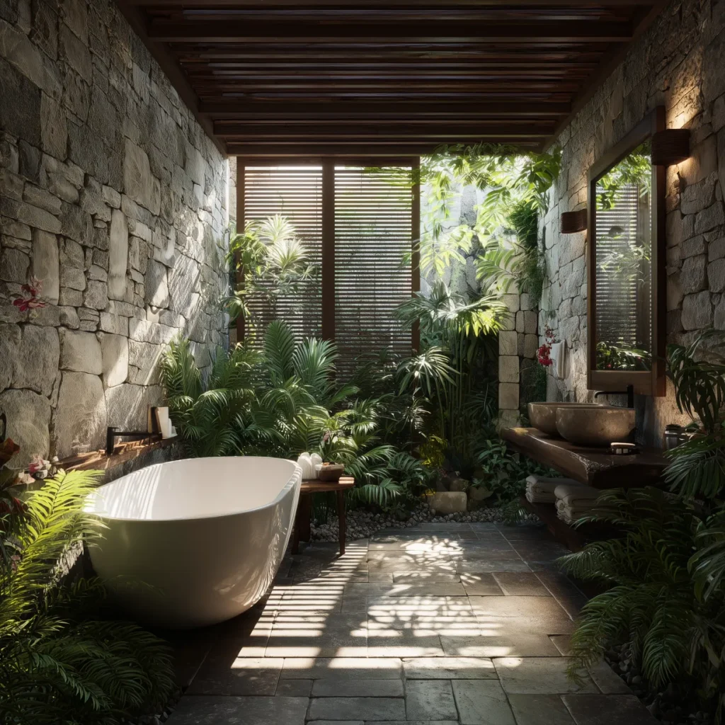 desain kamar mandi outdoor tropis dengan taman mini