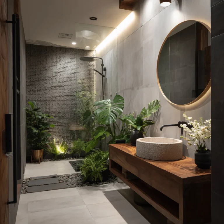 desain kamar mandi eco-friendly dengan tanaman indoor