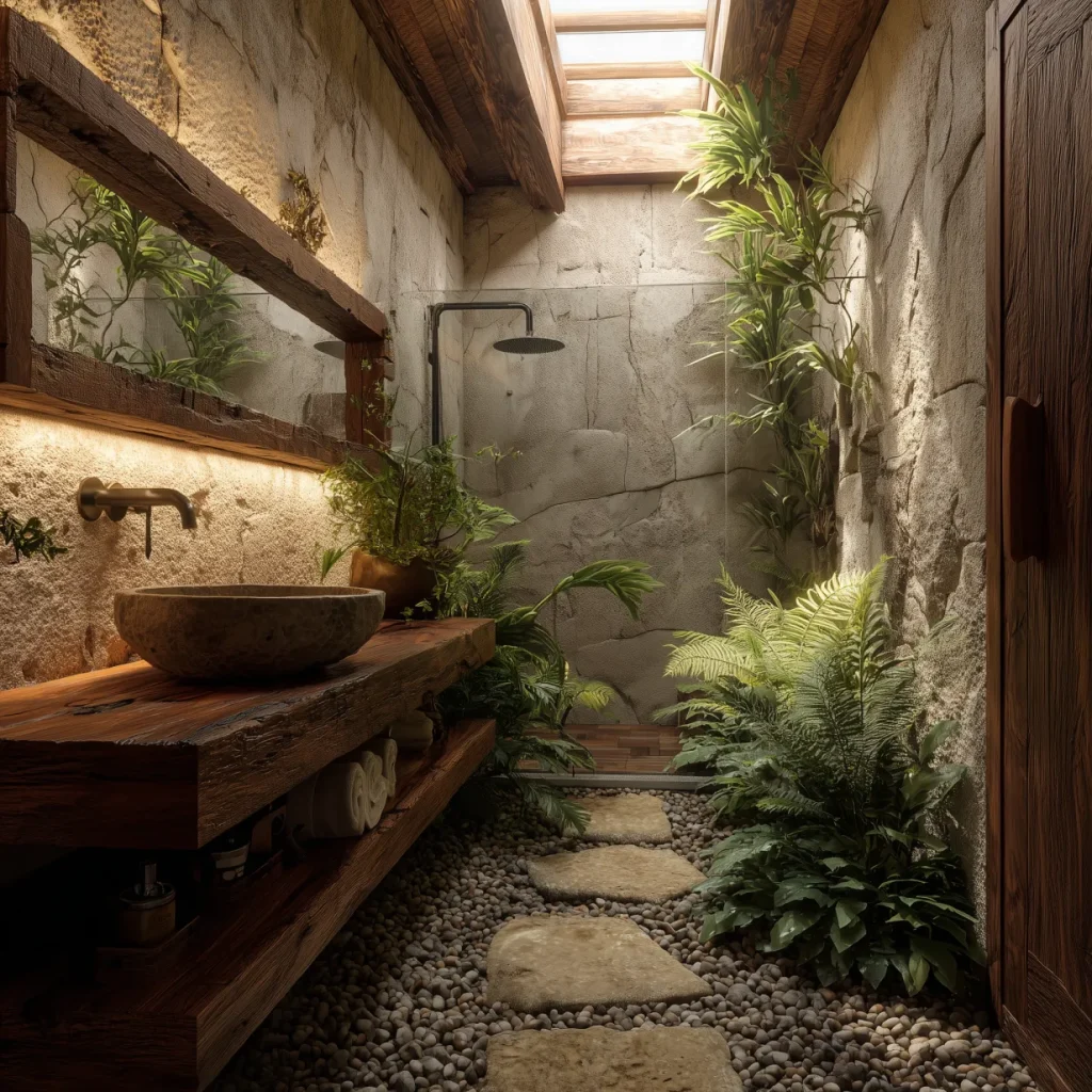 kamar mandi rustic alami dengan dinding batu dan taman mini
