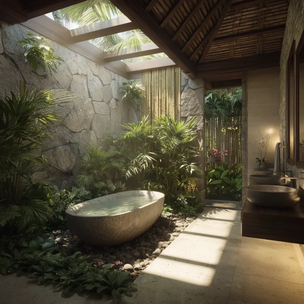 kamar mandi ala resort Bali dengan bak batu dan taman tropis