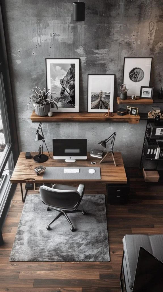Home office minimalis bergaya industrial dengan meja kayu dan aksen logam.