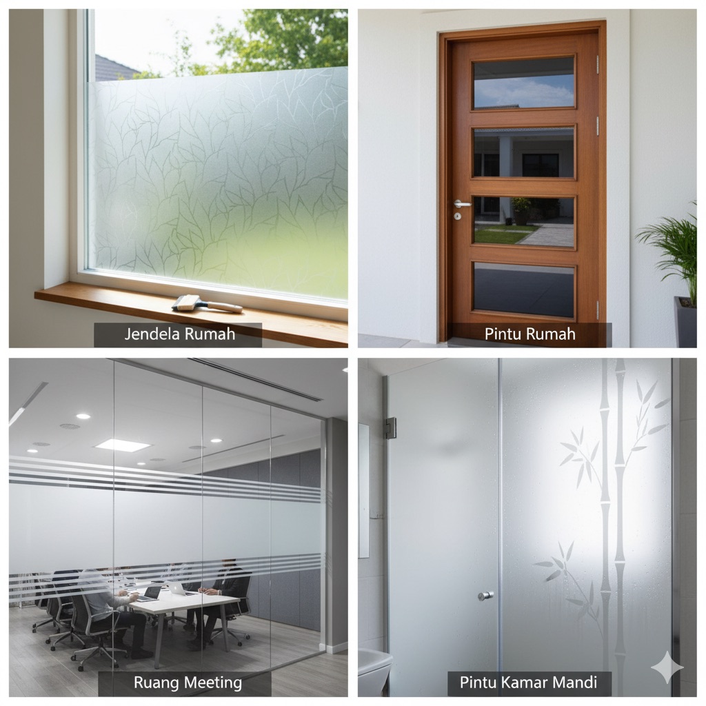 implementasi penggunaan kaca film pada jendela rumah, pintu, ruangan meeting dan pintu kamar mandi