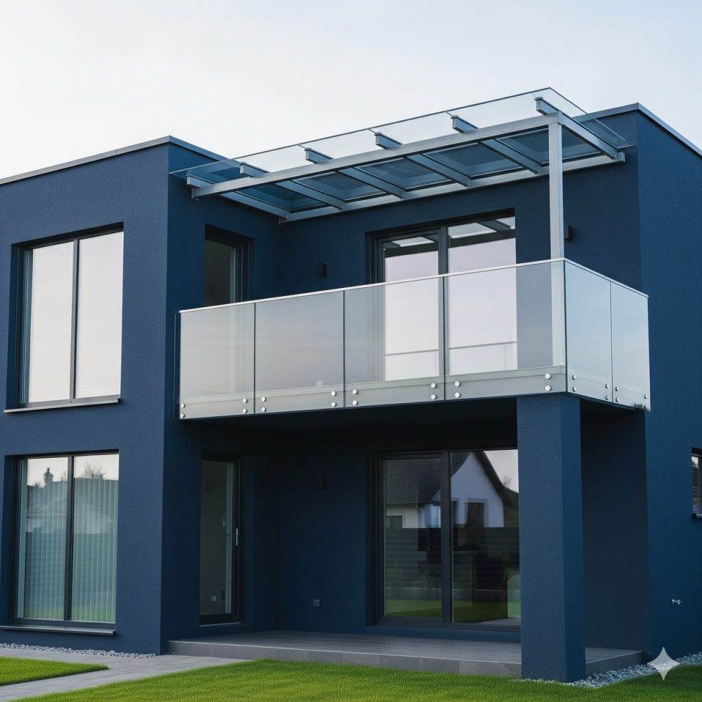 fasad rumah berwarna biru dengan model balkon kaca tempered