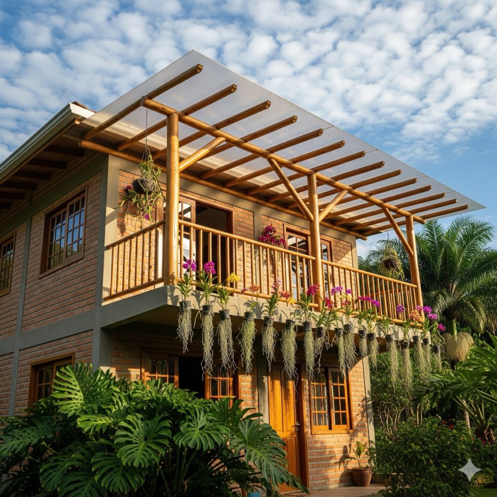 fasad rumah industrial bata ekspos dengan model kanopi balkon kayu natural