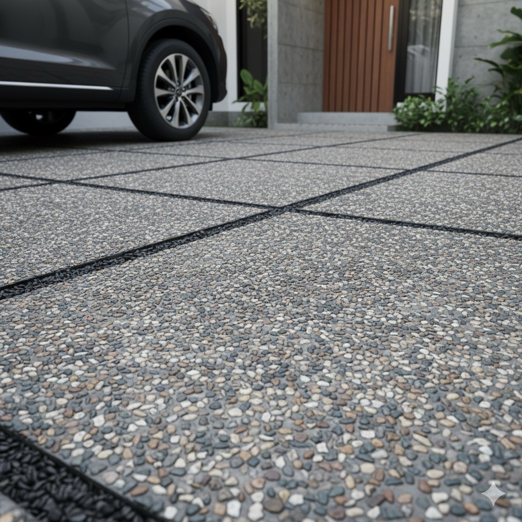lantai batu sikat untuk carport rumah minimalis