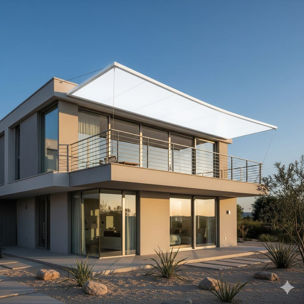 fasad rumah minimalis modern 2 lantai dengan model kanopi balkon berbahan membran