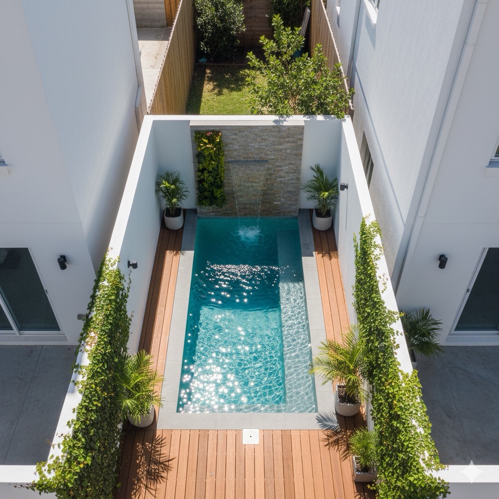 kolam renang minimalis di rumah dengan lahan sempit untuk memaksimalkan ruang.