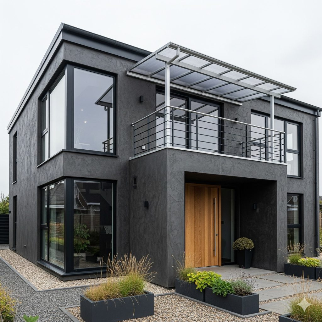 rumah minimalis modern 2 lantai dengan model kanopi balkon polycarbonate transparan