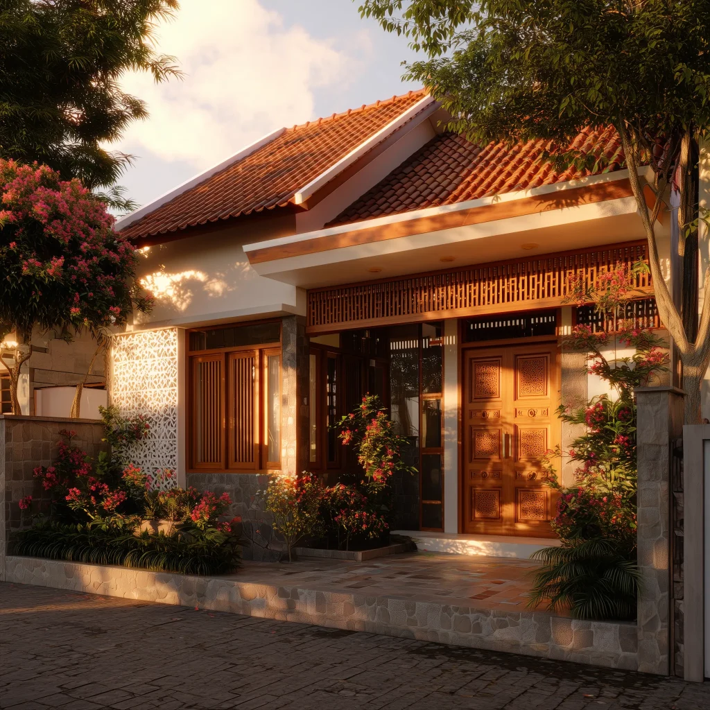 Rumah tipe 36 dengan atap genteng terakota, pintu kayu ukir, dan taman bunga tropis.